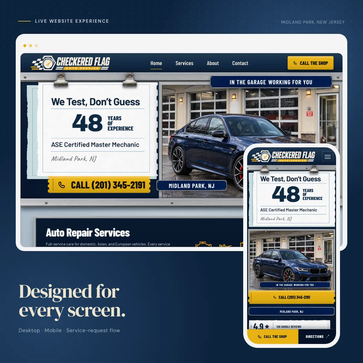 Desktop and mobile views of the responsive Checkered Flag Auto Service website