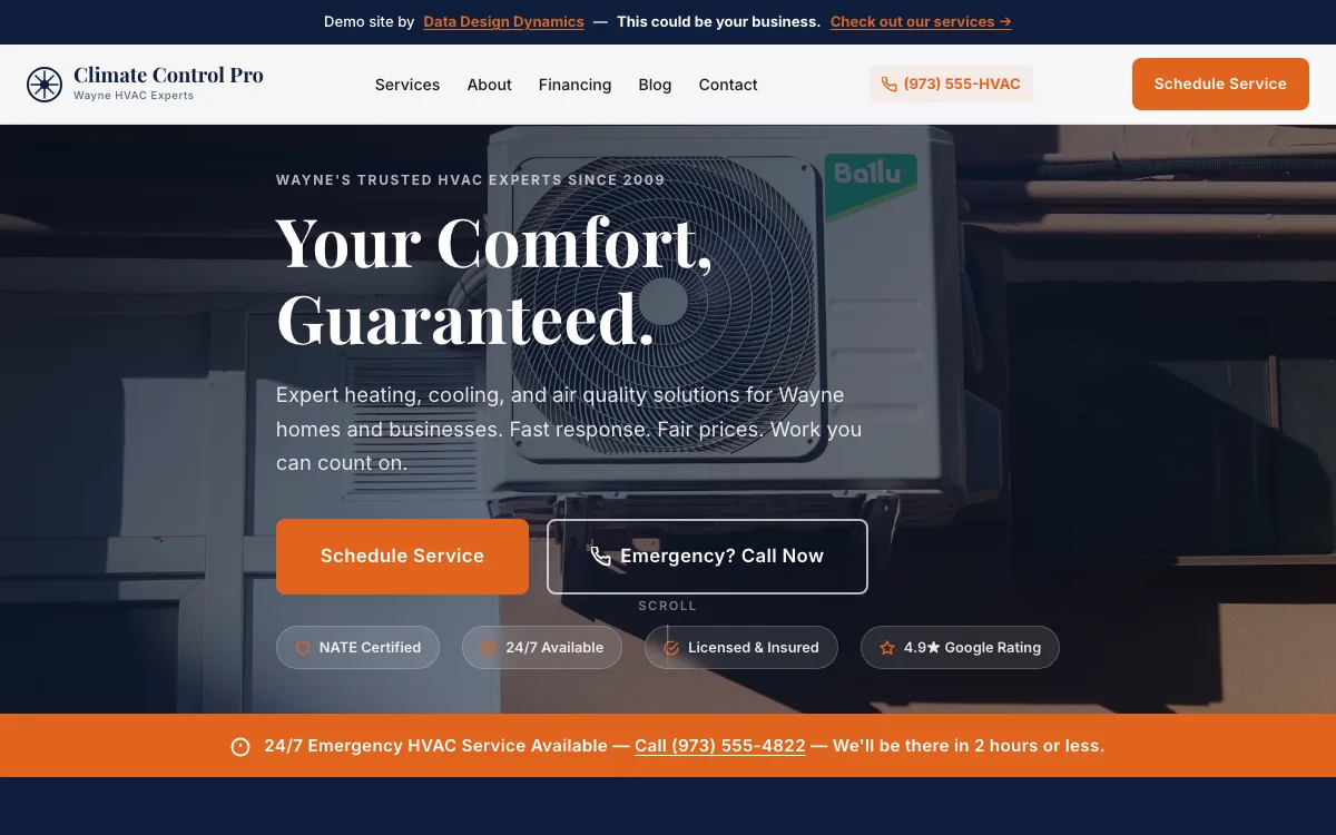 Climate Control Pro homepage — dark hero with the headline “Your Comfort, Guaranteed”, trust badges and a Schedule Service button