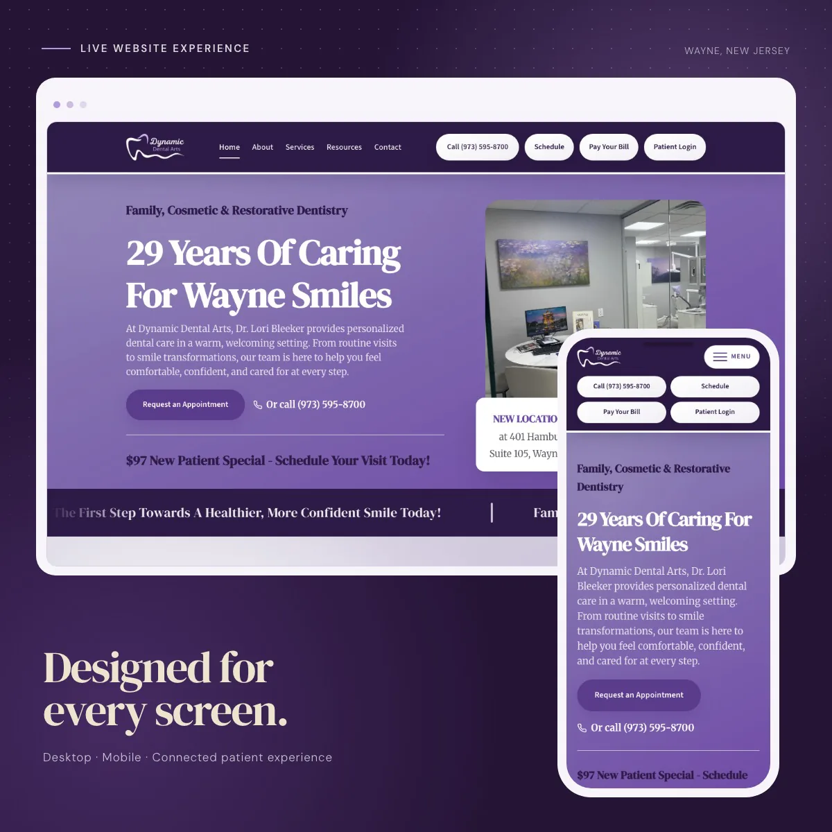 Desktop and mobile views of the responsive Dynamic Dental Arts website