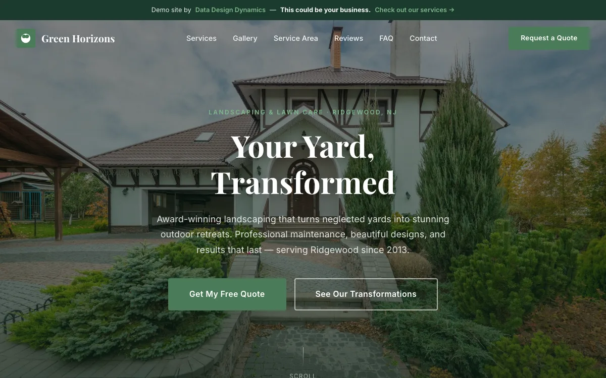 Green Horizons Landscaping homepage — full-width garden photograph behind the headline “Your Yard, Transformed” and a quote request button