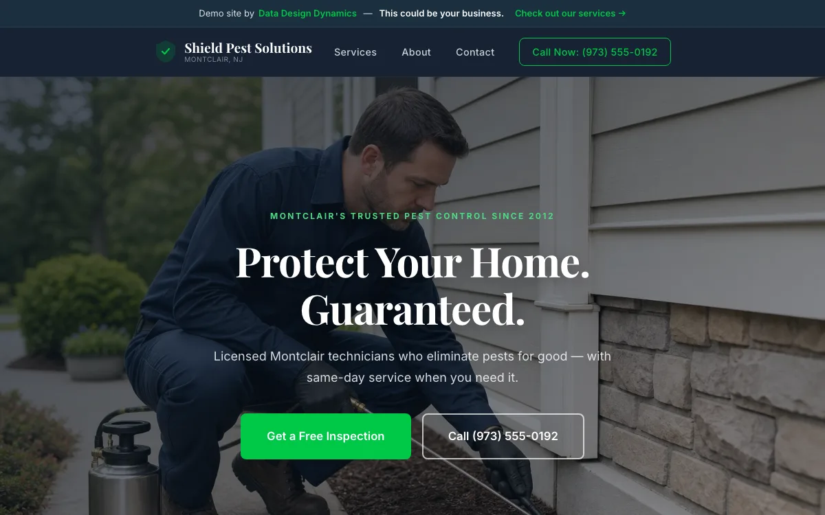 Shield Pest Solutions homepage — dark navy hero with the headline “Pest Problems, Solved for Good” and a click-to-call button