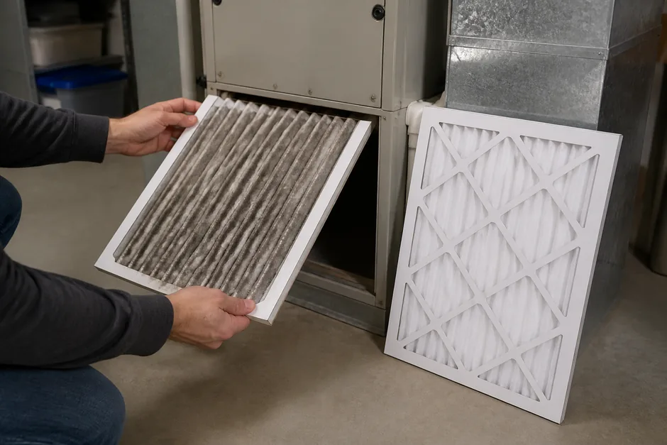 A clogged grey furnace filter beside a clean white replacement filter
