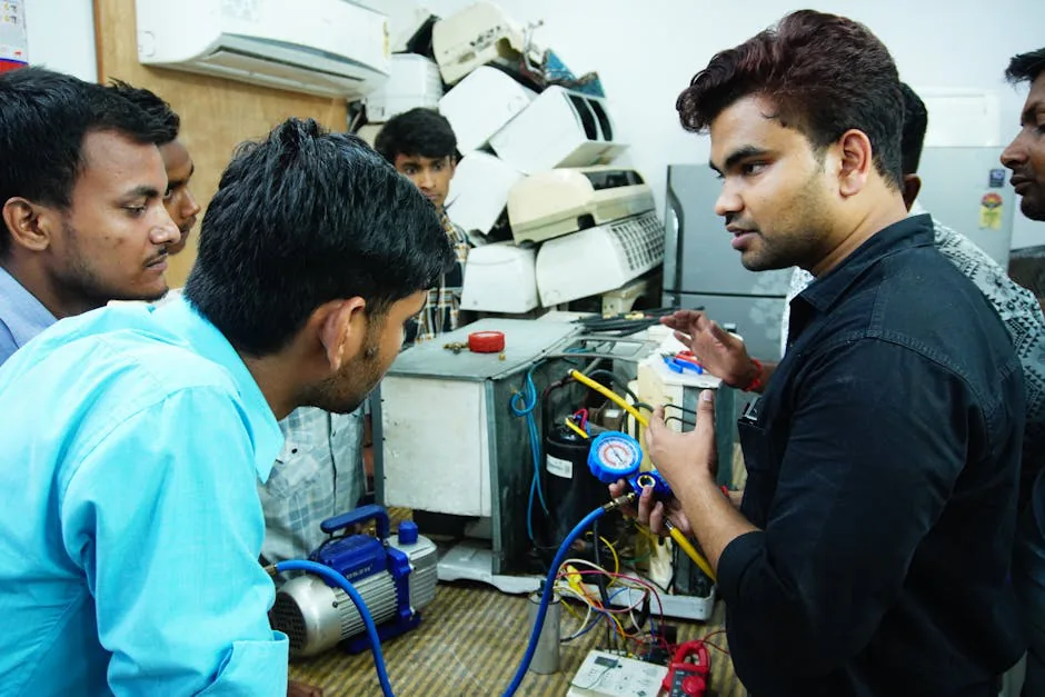 HVAC technician diagnosing air conditioning system issues and repairs