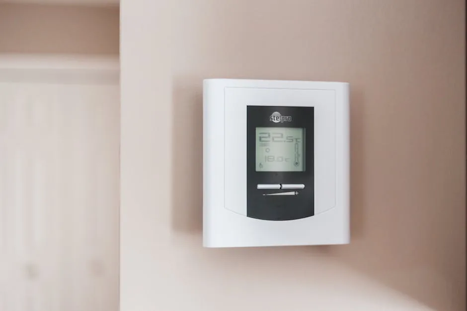 Home interior with thermostat showing climate control preparation for summer