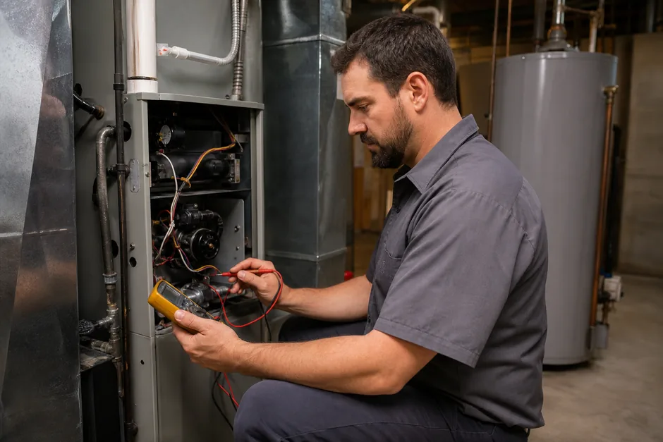 Certified technician testing a home gas furnace with a multimeter during a diagnostic visit