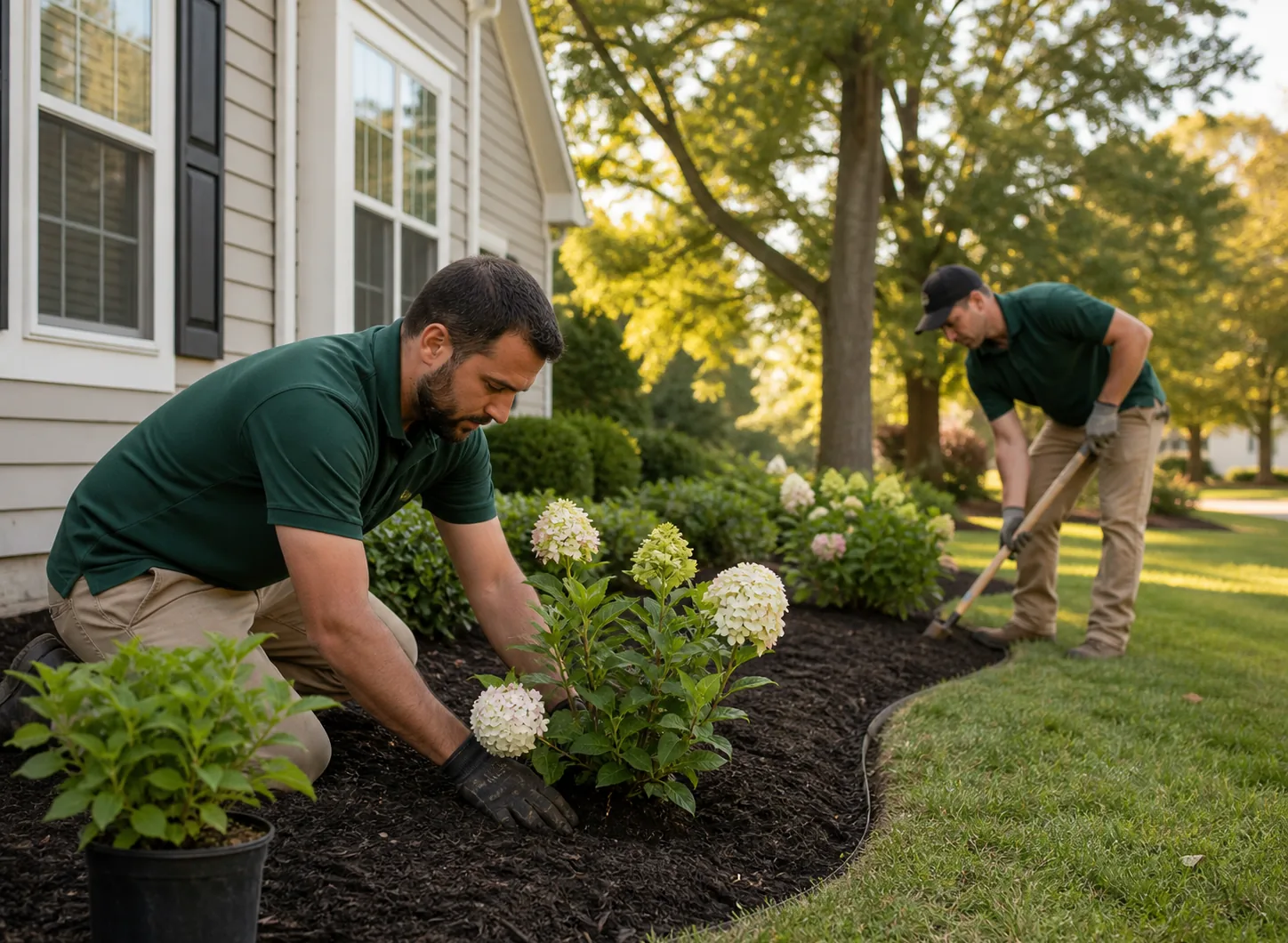 Green Horizons crew planting hydrangeas in a freshly mulched front-yard bed