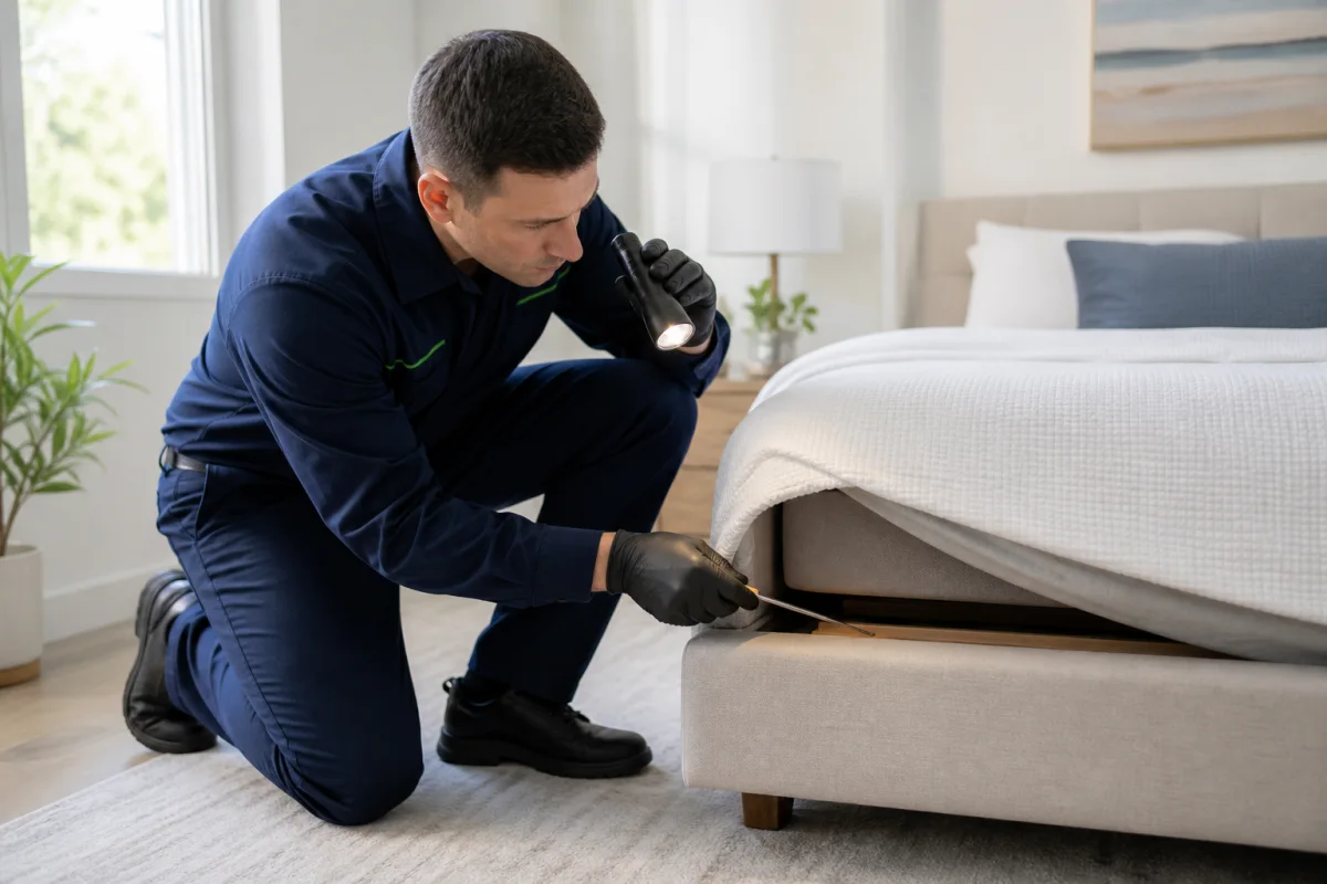 Discreet professional bed bug inspection of a mattress and bed frame in a clean bedroom