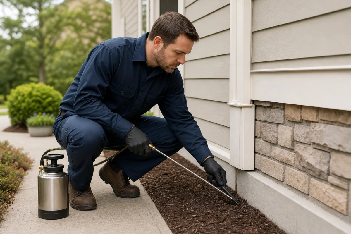 Professional pest control technician applying a precise preventative treatment around a residential foundation
