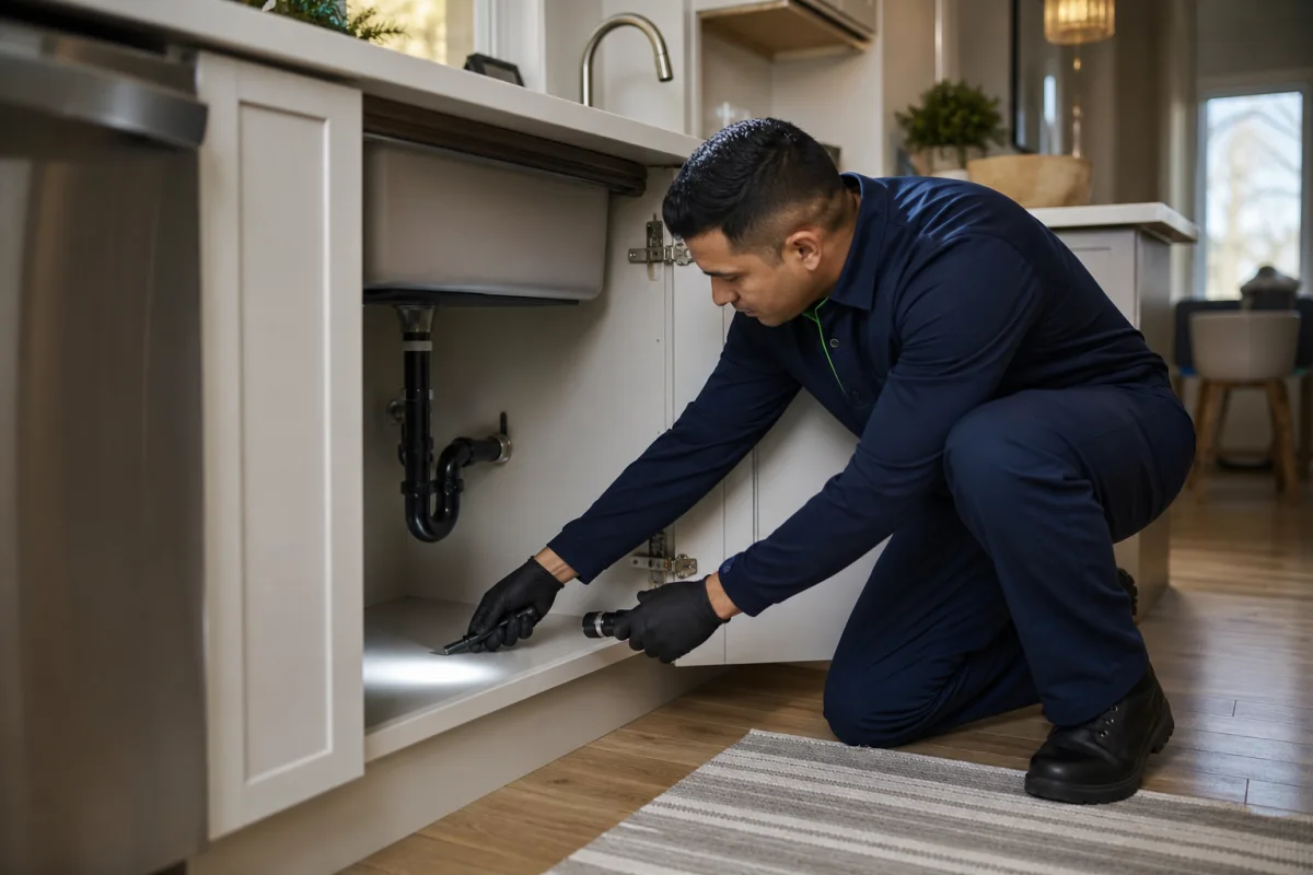 Professional pest control technician inspecting common entry points beneath a clean kitchen sink