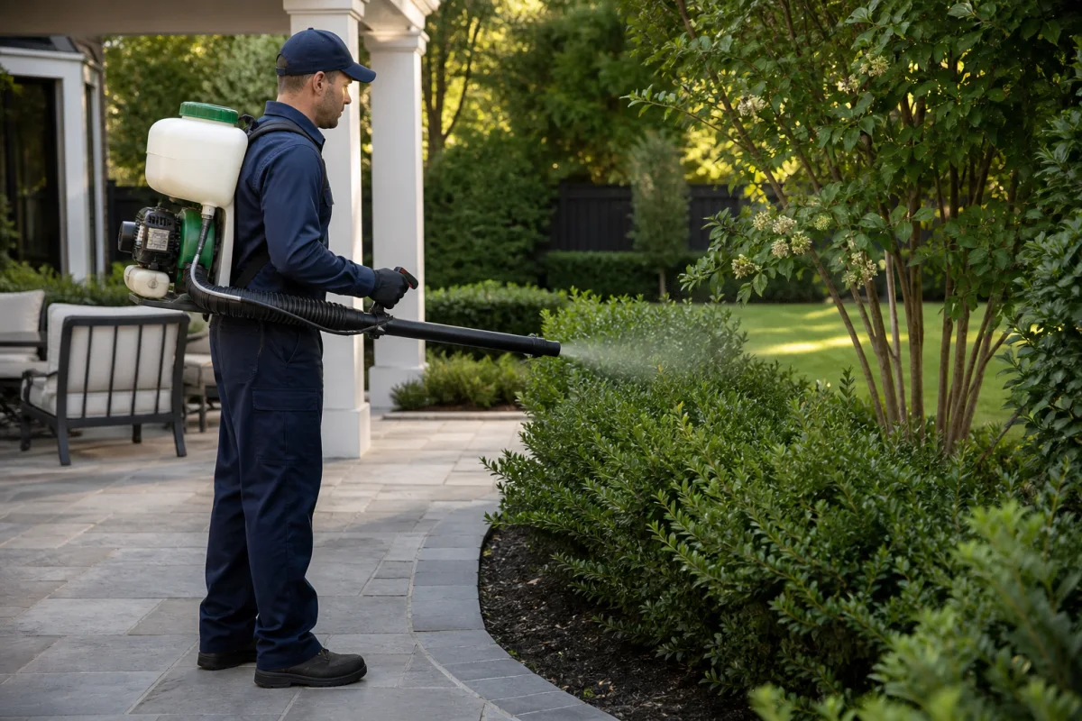 Professional mosquito prevention treatment along the landscaped perimeter of a residential backyard