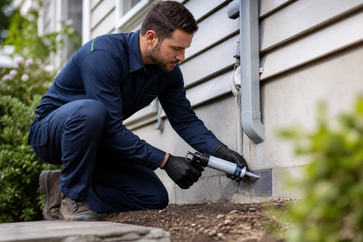 Professional technician sealing a potential rodent entry point along a residential foundation