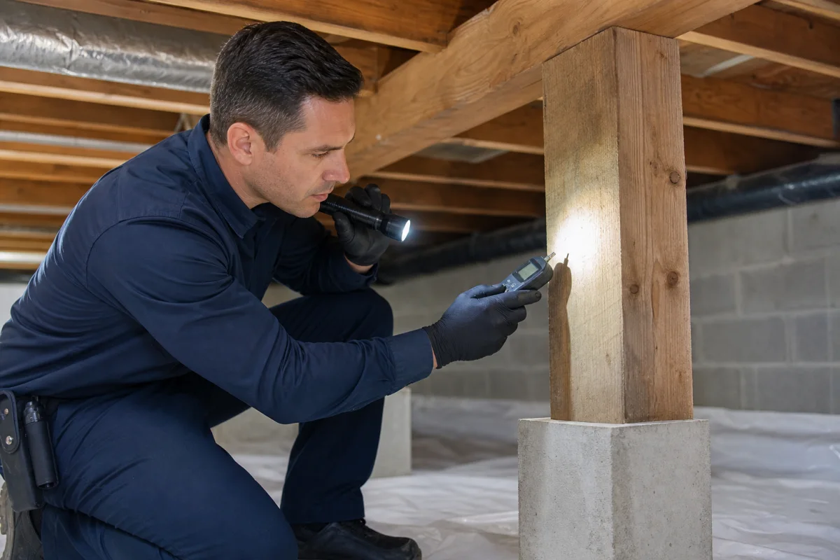 Professional termite inspection of a structural wood beam using a flashlight and moisture meter